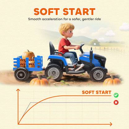 12V Ride on Tractor and Trailer with Remote Control, Music, Shifter, Start-Up Sound, for Kids Ages 3-8 Years, Blue