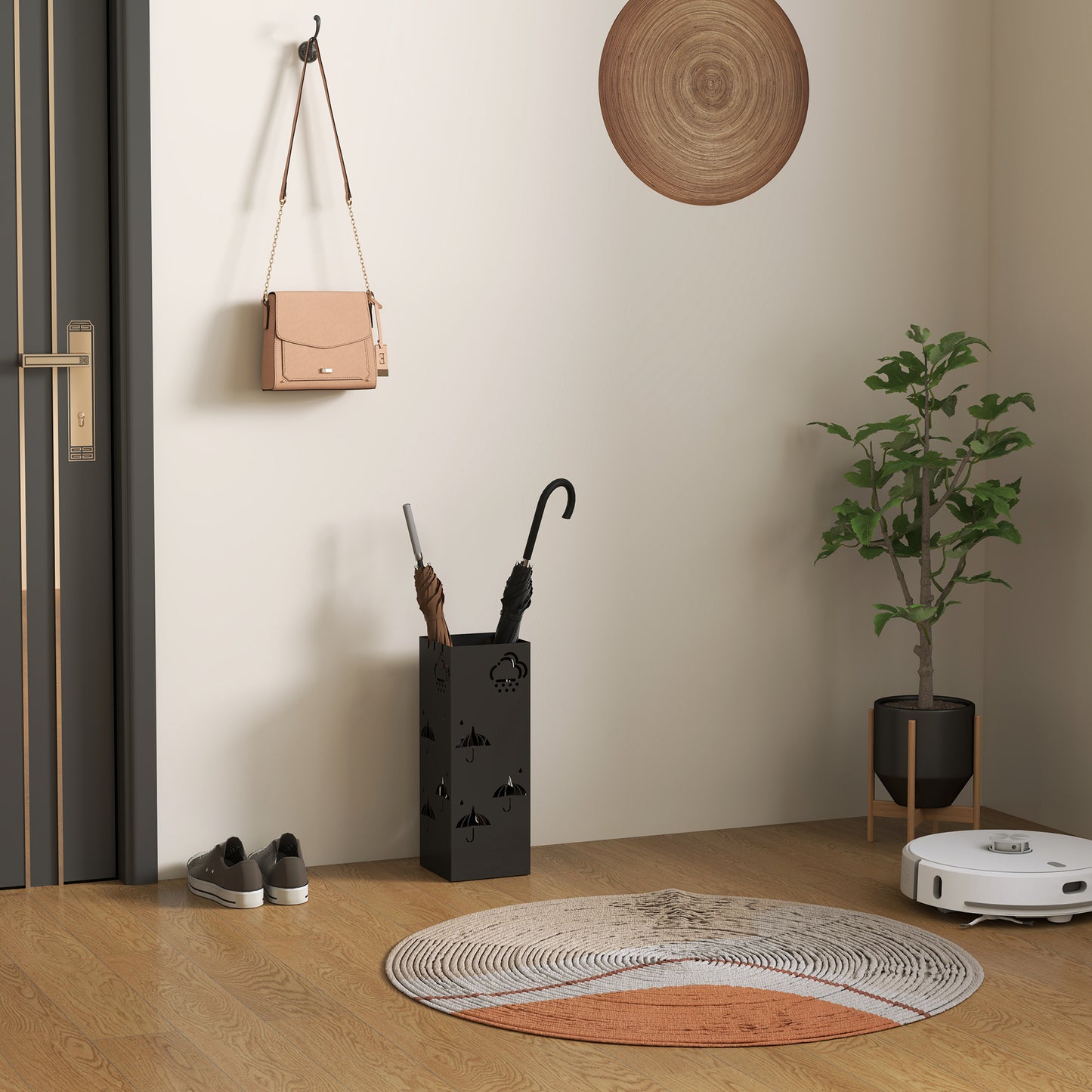 Metal Umbrella Stand, Square Umbrella Holder with Removable Drip Tray and 4 Hooks