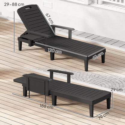Set of 2 Reclining Sun Loungers, 5 Positions Adjustable Outdoor Chaise Lounge Chair with Armrests, Black