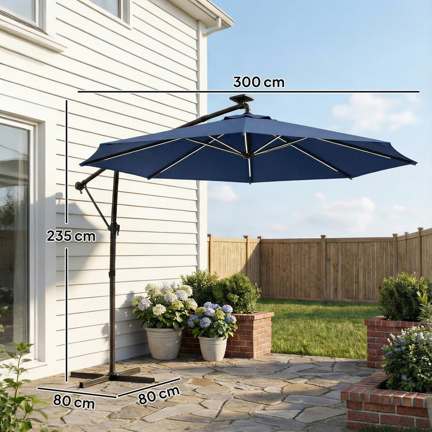 3 m Garden Cantilever Parasol with LED Solar Light, Round Overhanging Umbrella with 360° Rotation, Cover, Navy Blue