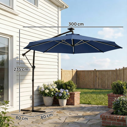 3 m Garden Cantilever Parasol with LED Solar Light, Round Overhanging Umbrella with 360° Rotation, Cover, Navy Blue