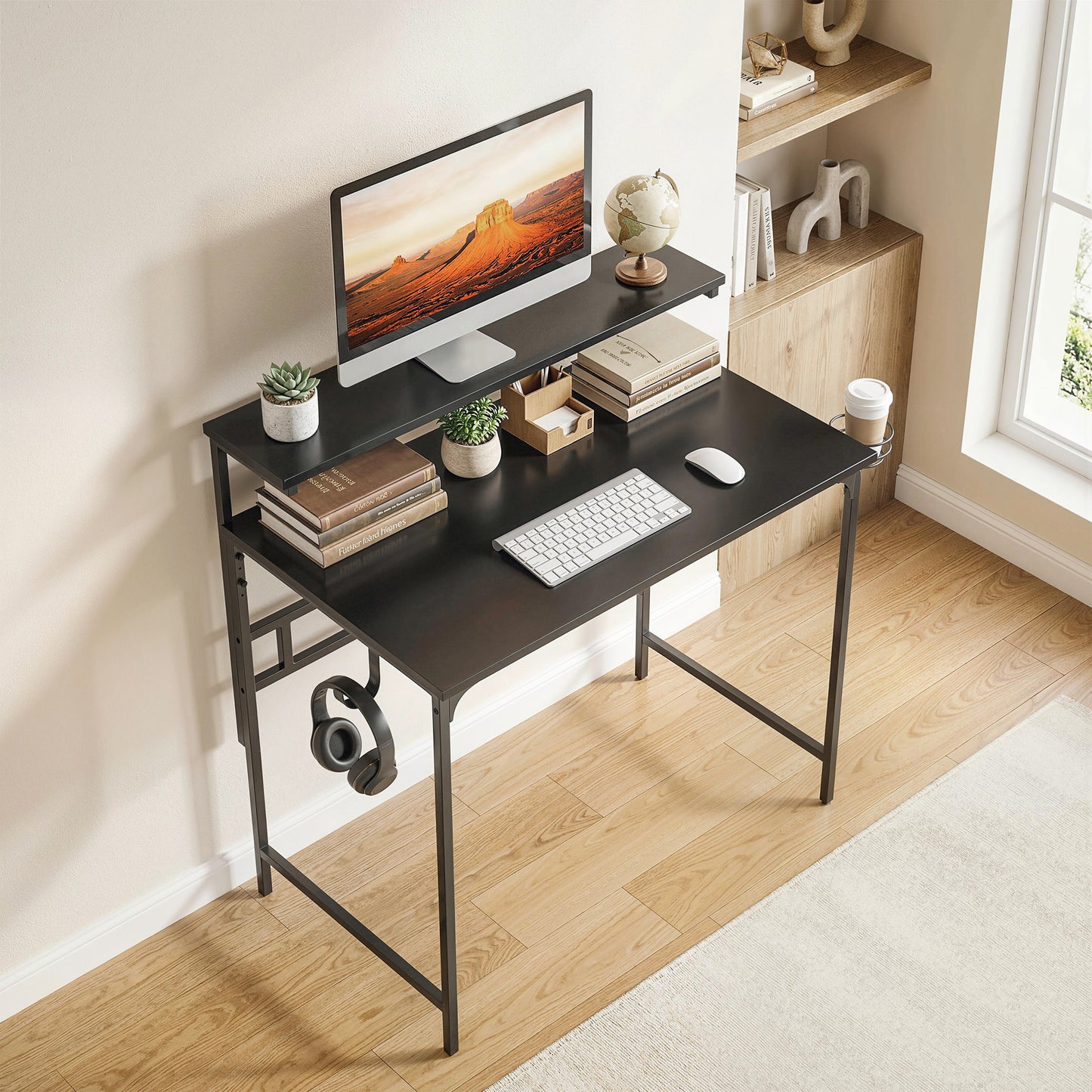 Computer Desk, 80cm Home Office Study Table with Hutch Shelf, Cup Holder, Headphone Hook, Black