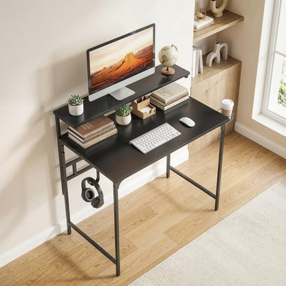 Computer Desk, 80cm Home Office Study Table with Hutch Shelf, Cup Holder, Headphone Hook, Black
