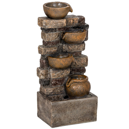 28" 5-Tier Outdoor Fountain, Cascading Waterfall Feature with LED Lights, Adjustable Flow, Rustic Brown