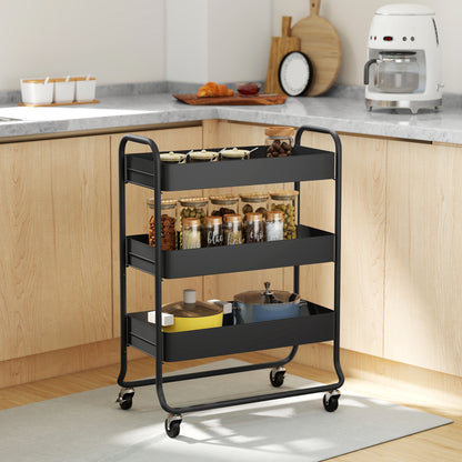 3-Tier Storage Trolley on Wheels, Rolling Utility Cart with Mesh Backets for Kitchen, Bathroom, Bedroom, Black