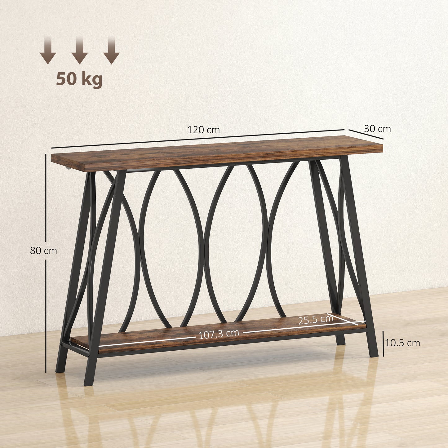 Narrow Console Table, Industrial 2-Tier Sofa Table with Metal Frame for Entryway, Living Room, 120x30x80cm, Rustic Brown