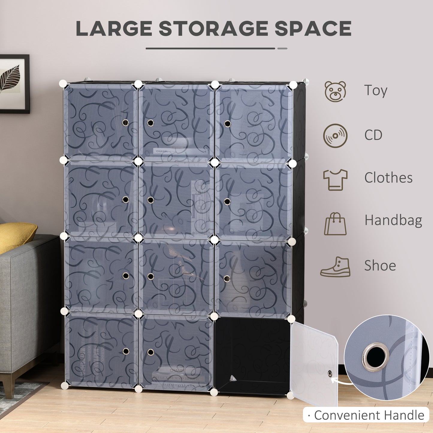 Portable Wardrobe for Bedroom, 12 Cube Closet with 2 Hanging Rails, Modular Storage Cabinet