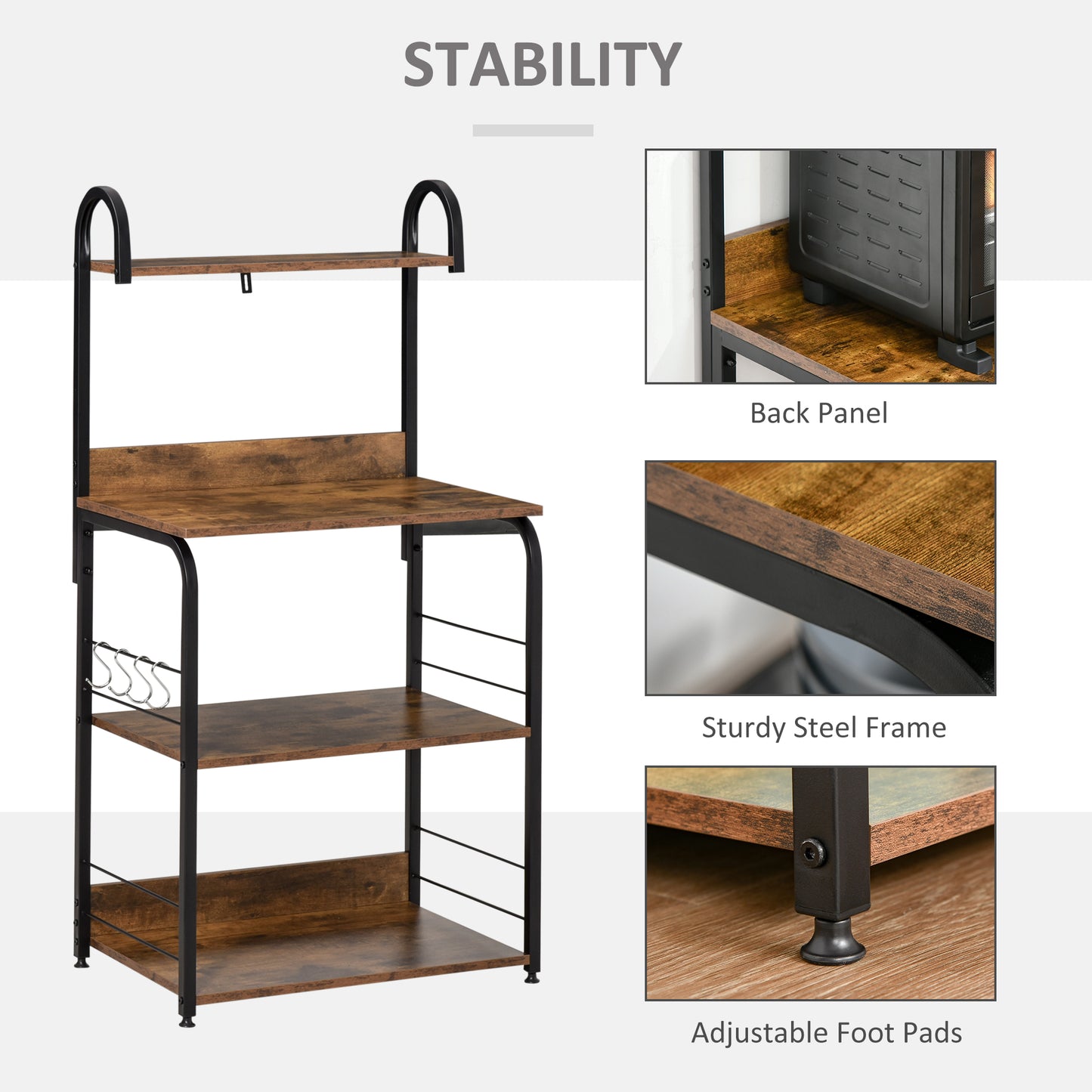 4-Tier Baker's Rack, Microwave Stand with 4 Hooks, Kitchen Storage Unit for Spices, Pots and Pans, Rustic Brown