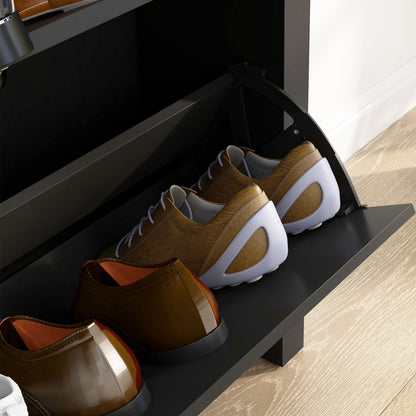 2 Drawer Shoe Cabinet Modern Narrow Shoe Cupboard Hallway Wooden Storage Organiser with Flip Doors Adjustable Shelf for 6-12