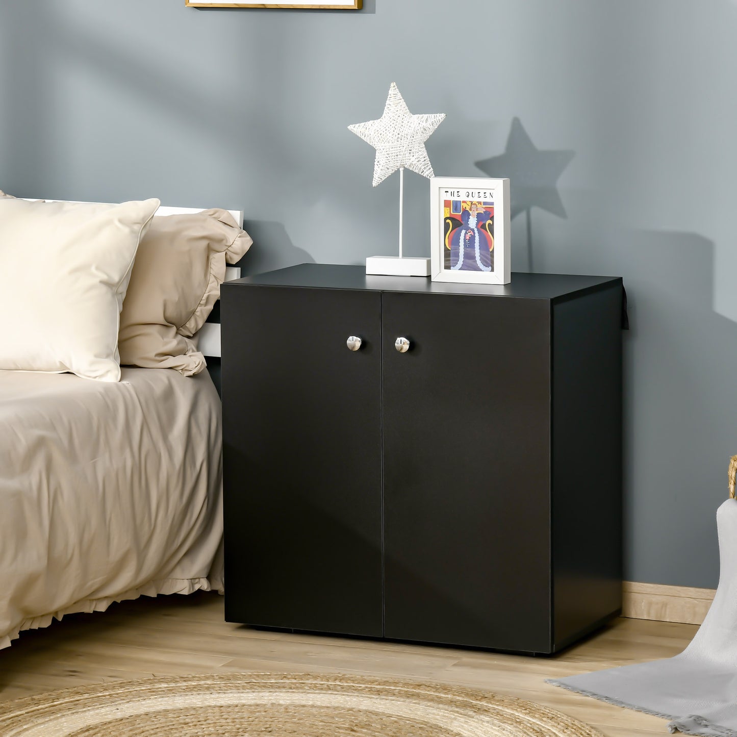 2 Tier Bookcase, Wooden Storage Cabinet with 2 Doors, Freestanding Sideboard for Living Room, Home Office and Study, Black