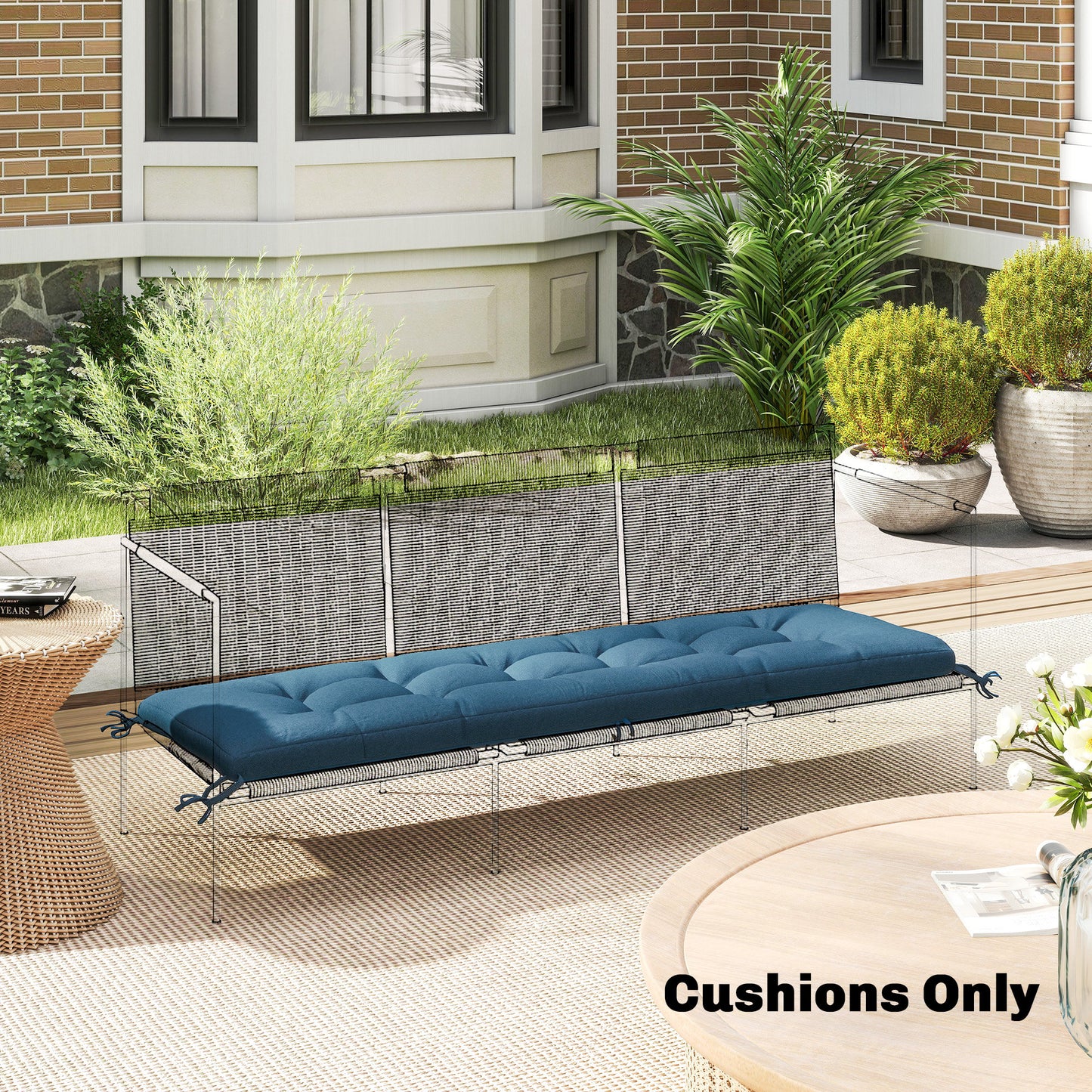 Sun Lounger Cushion, Memory Foam Patio Chair Cushion with Ties, Outdoor Seat Pad Fits 190 x 60 cm Lounger, Blue