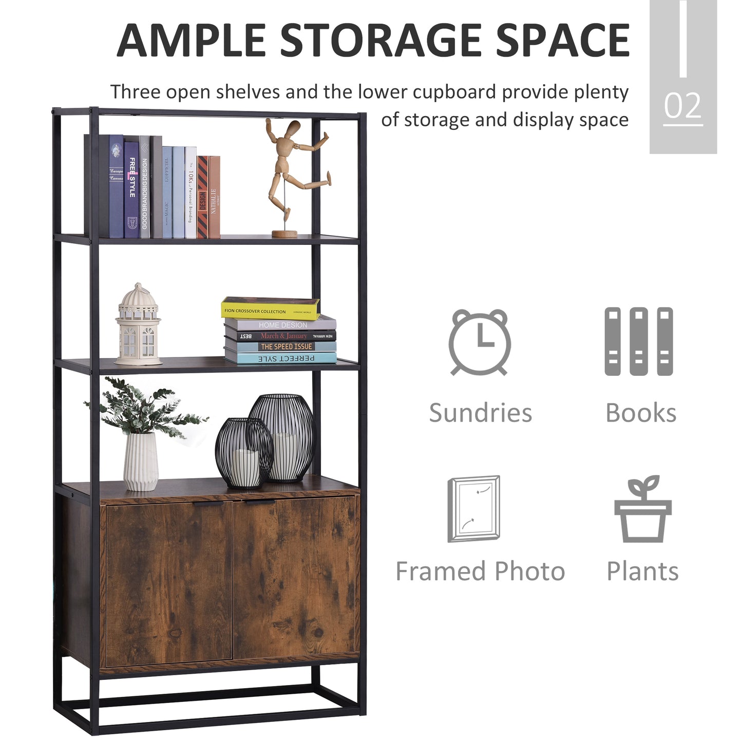 Industrial Bookshelf, Storage Shelf, Large Bookcase with 3 Open Shelves, Multifunctional Rack for Living Room, Office