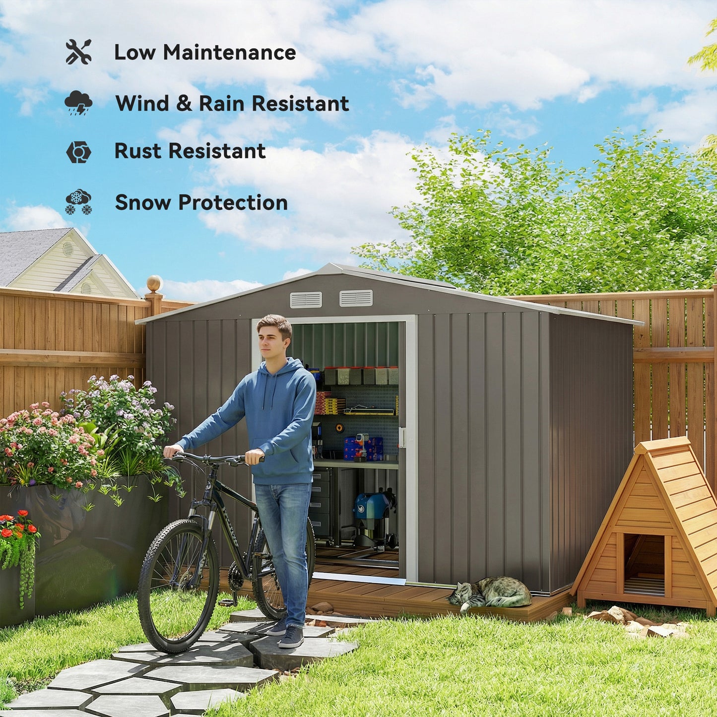 9 x 6FT Outdoor Garden Roofed Metal Storage Shed Tool Box with Foundation Ventilation & Doors Light, Grey