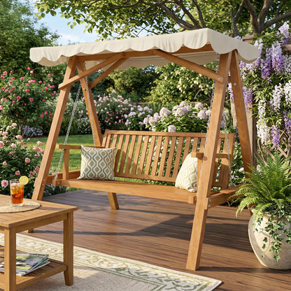 2 Seater Garden Swing Seat with Canopy, Wooden Swing Chair, Outdoor Hammock Bench for Balcony Patio Porch, Cream White