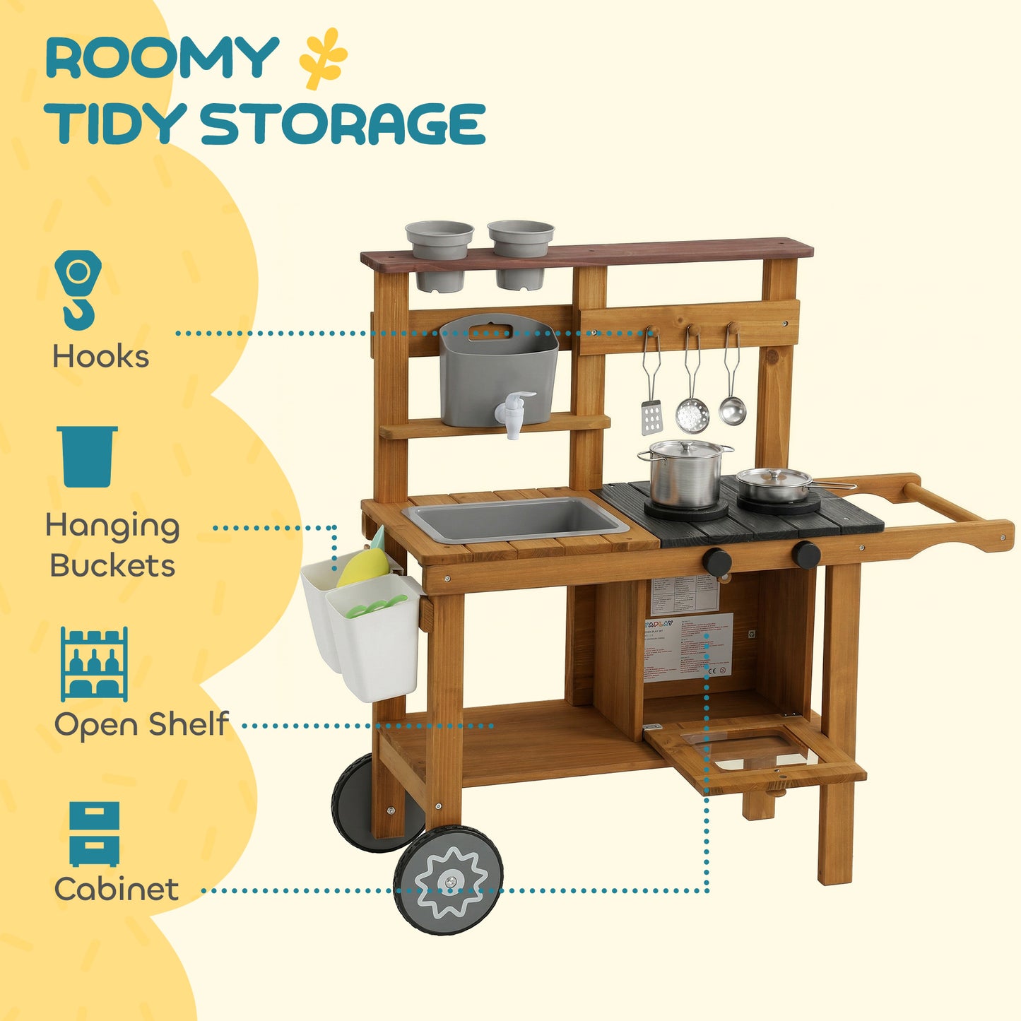 Wooden Mud Kitchen with Wheels, Stove, Faucet, Flower Pots, Stainless Steel Accessories for Toddlers 3-6, Brown