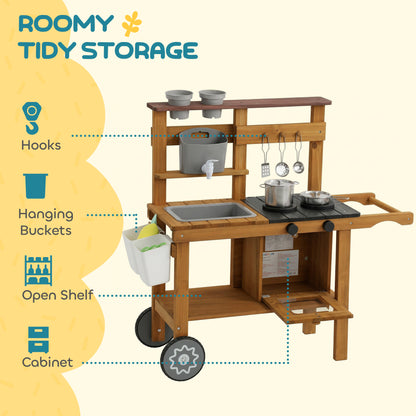 Wooden Mud Kitchen with Wheels, Stove, Faucet, Flower Pots, Stainless Steel Accessories for Toddlers 3-6, Brown