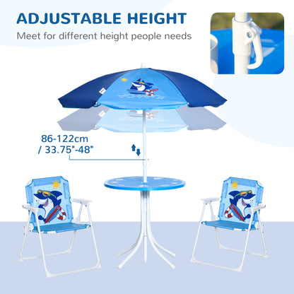Kids Outdoor Bistro Table and Chair Set, Folding Garden Furniture w/ Shark Design, Removable, Adjustable Sun Umbrella