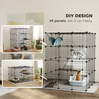 Steel Wire Cat Cage Indoor with Hammock, Ramps, Doors, DIY Cat Enclosure for 1-3 Cats, Black
