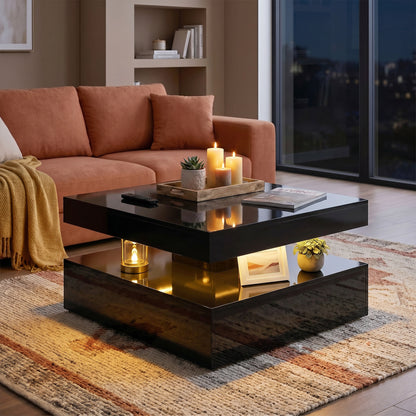 LED Coffee Table with Storage, 2-Tier Modern Centre Table with Open Shelf and Remote for Living Room, High Gloss Black