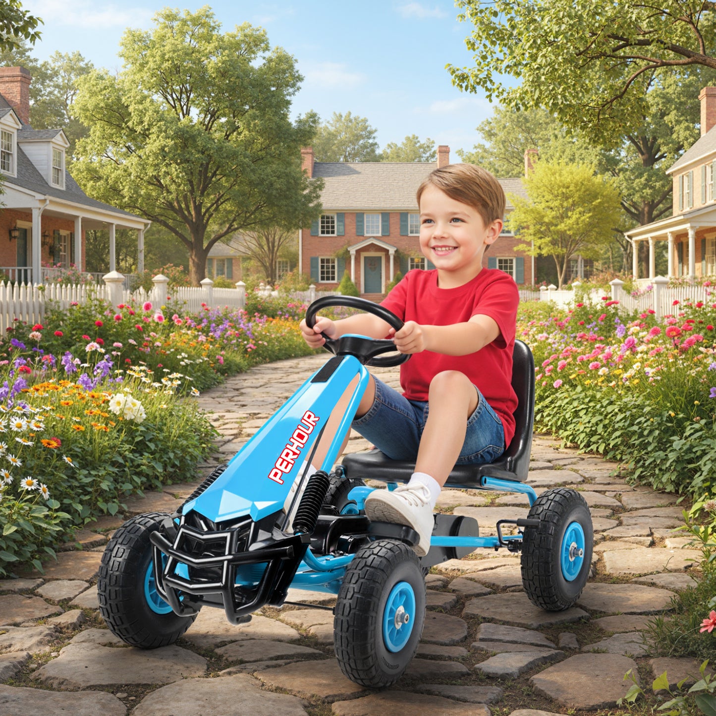 Kids Pedal Go Kart with Adjustable Seat, EVA Tyres, Manual Clutch, Brake, Go Kart for Kids 3-8 Years, Blue