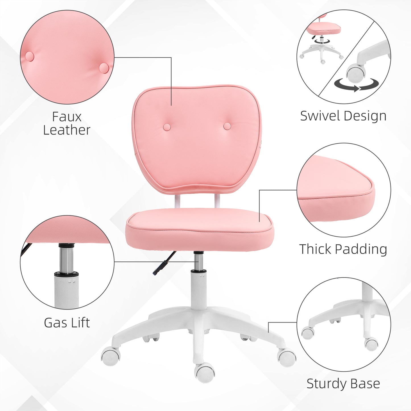 Vanity Office Chair, PU Leather Computer Chair for Home, with Adjustable Height, Armless, Swivel Wheels, Pink
