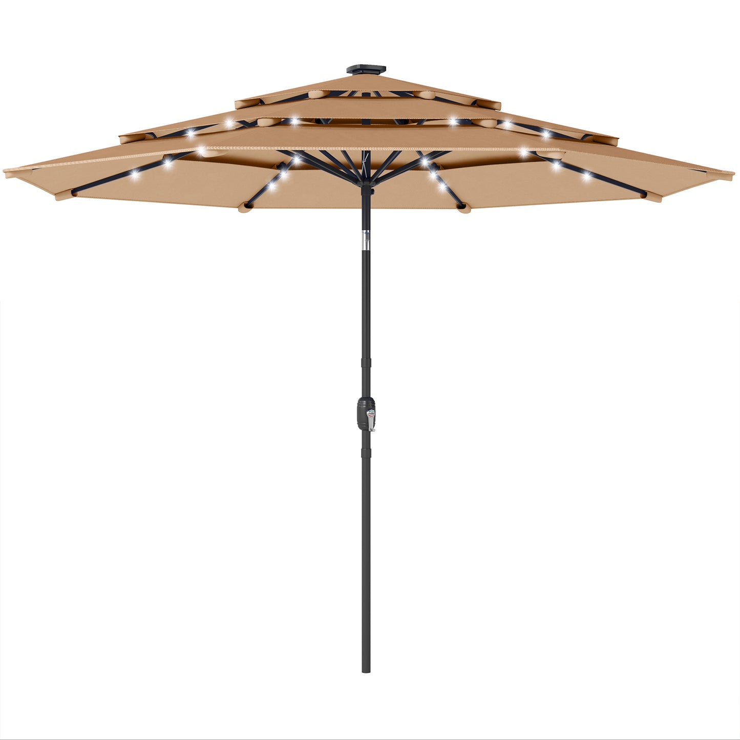 2.8 m Garden Parasol Umbrella with LED Solar Light, Parasol Cover, 3 Tier Outdoor Table Market Patio Umbrella, Khaki