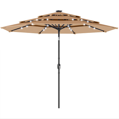 2.8 m Garden Parasol Umbrella with LED Solar Light, Parasol Cover, 3 Tier Outdoor Table Market Patio Umbrella, Khaki