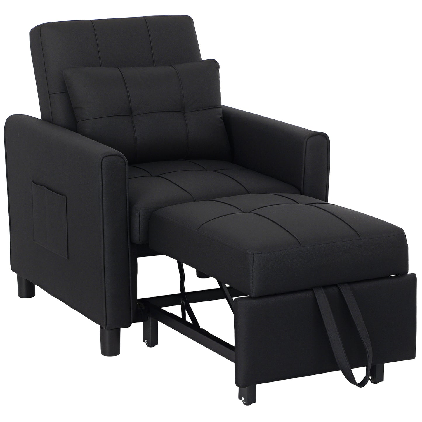 3-In-1 Linen-Look Single Chair Bed with 11cm Thick Adjustable Back & Eucalyptus Wood Sofa Frame - Black