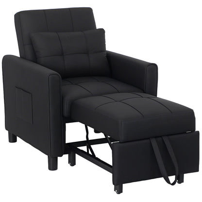 3-In-1 Linen-Look Single Chair Bed with 11cm Thick Adjustable Back & Eucalyptus Wood Sofa Frame - Black