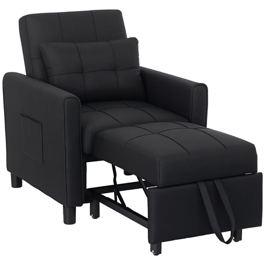 3-In-1 Linen-Look Single Chair Bed with 11cm Thick Adjustable Back & Eucalyptus Wood Sofa Frame - Black