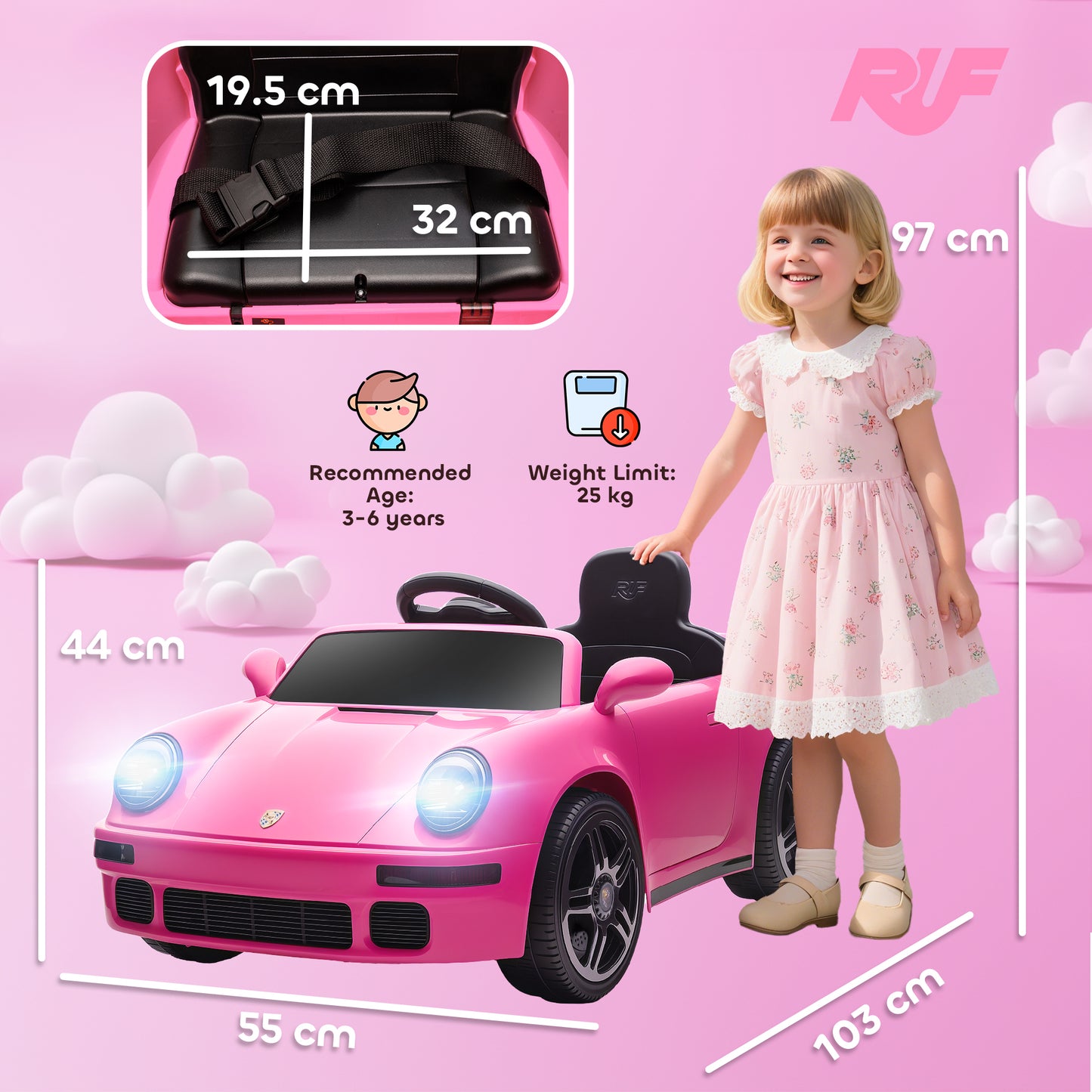 Licensed RUF CTR 2017-Yellowbird Electric Car for Kids, with Remote Control, Soft Start, MP3 Player, LED Lights, Pink