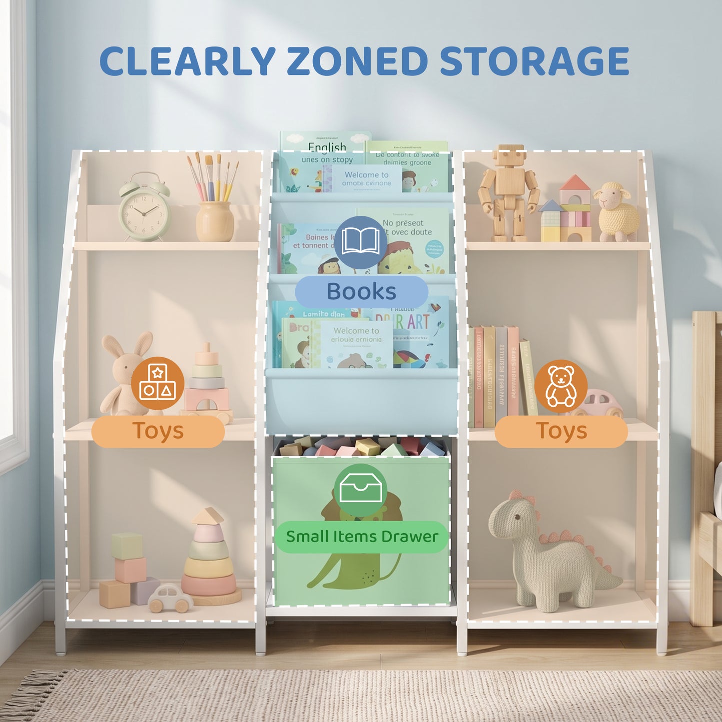 Kids Bookshelf and Toy Storage with 3-Tier Sling Book Rack and Fabric Drawer for Nursery, Bedroom, Playroom, White