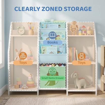 Kids Bookshelf and Toy Storage with 3-Tier Sling Book Rack and Fabric Drawer for Nursery, Bedroom, Playroom, White