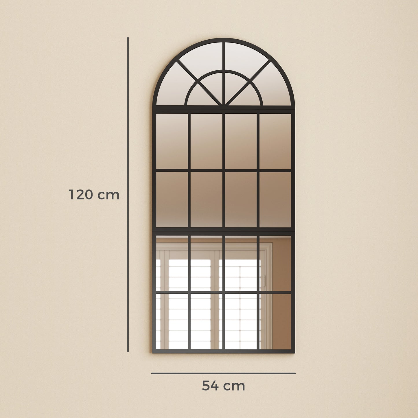 Large Arched Wall Mirror with Metal Grid, 3-Piece Split Window Mirrors, 120 x 54 cm, Black
