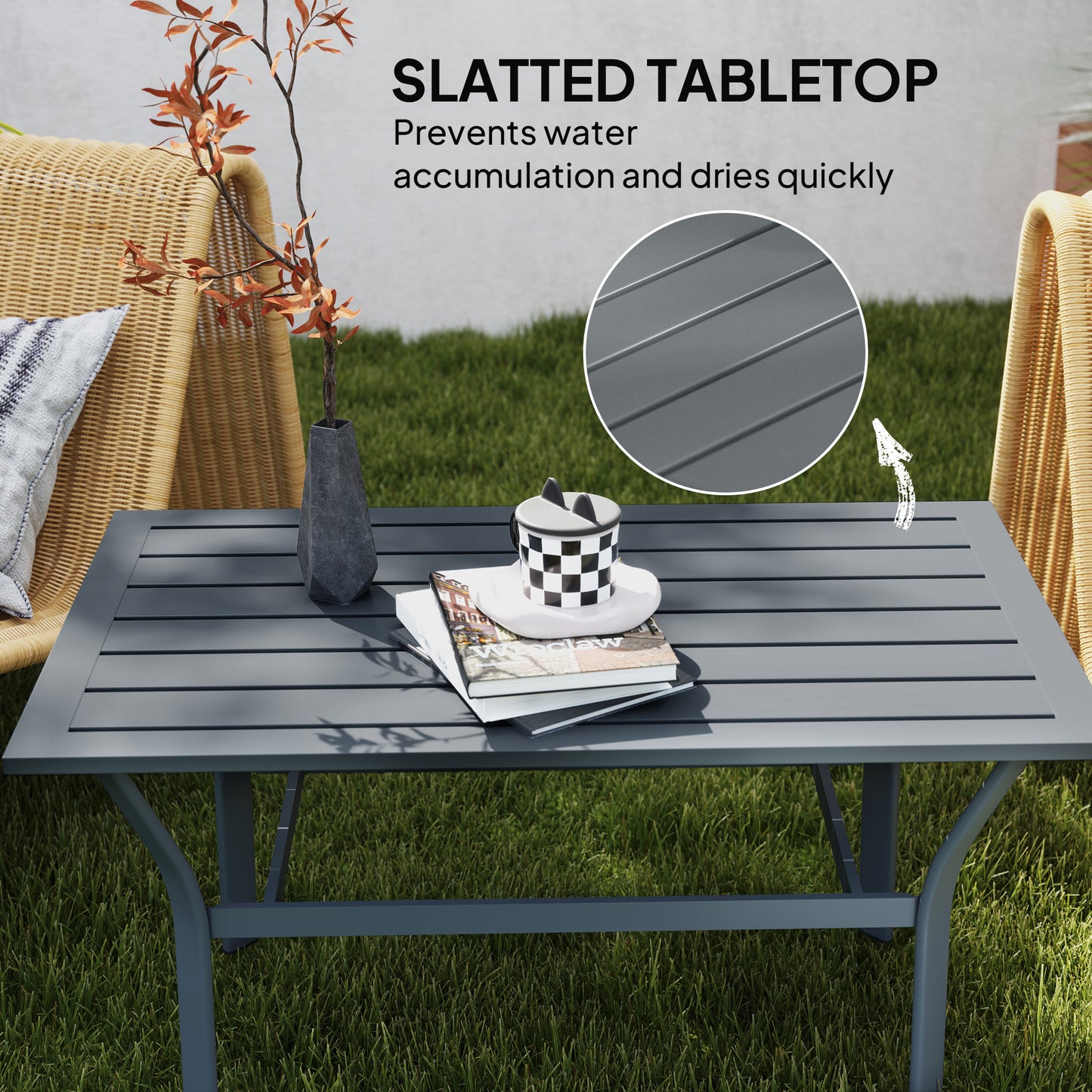 Metal Garden Coffee Table, Rectangular Outdoor Side Table with Slatted Tabletop, Foot Pads for Outside, Garden, Balcony