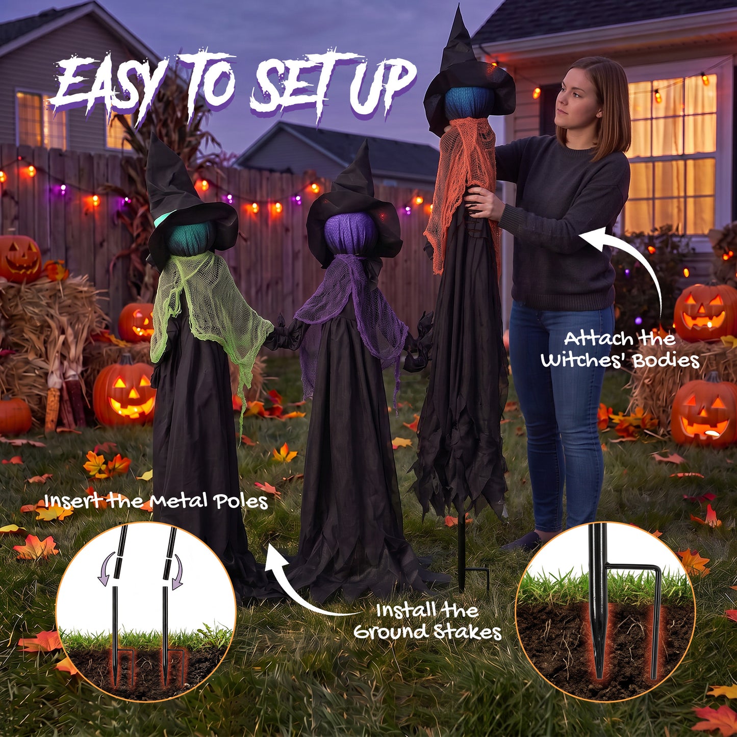 120cm Witches Holding Hands Halloween Decorations Outdoor Indoor, Scary Halloween Witch Decor with Light-Up Heads
