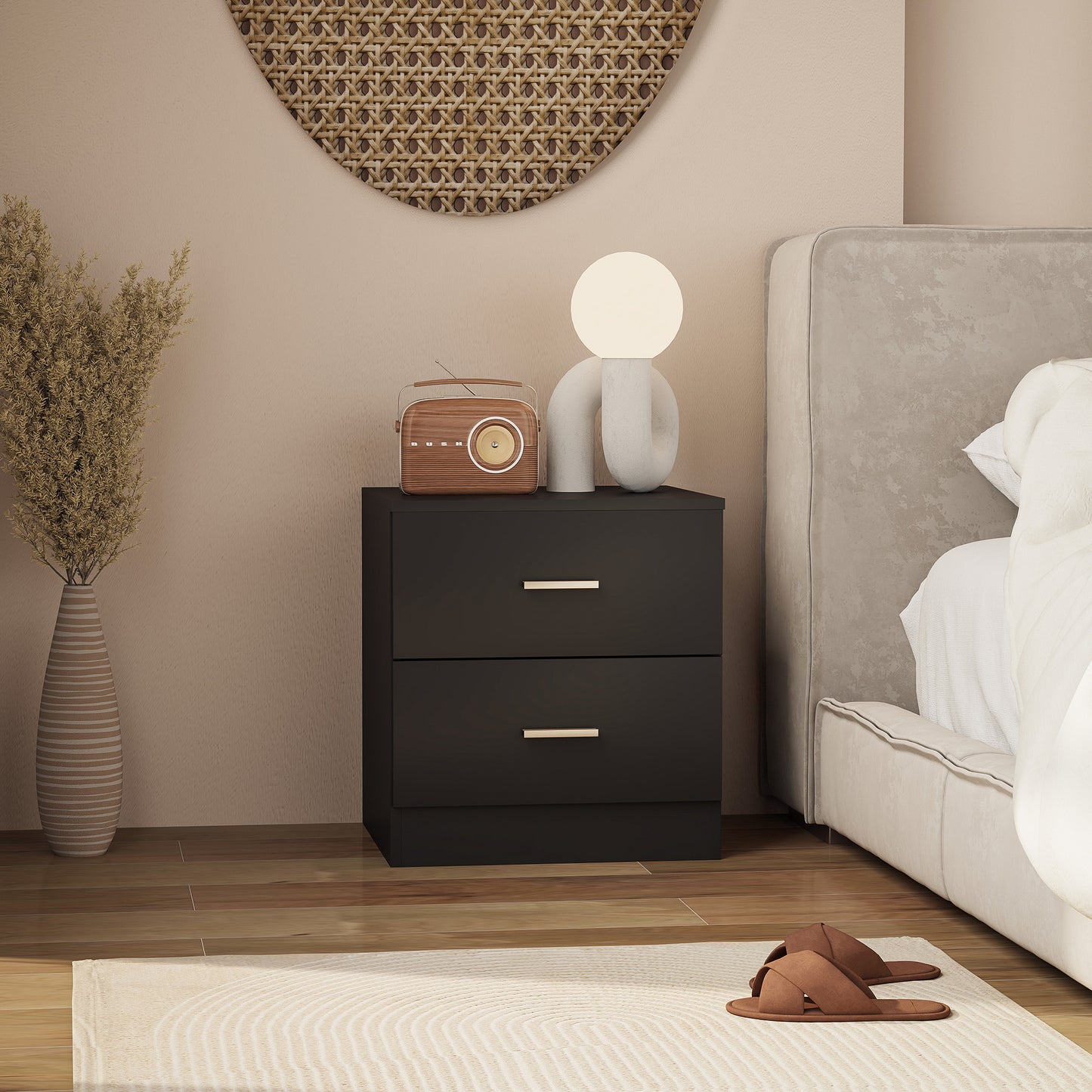 Modern Bedside Table, Beside Cabinet with 2 Drawers, for Bedroom, Living Room, Black
