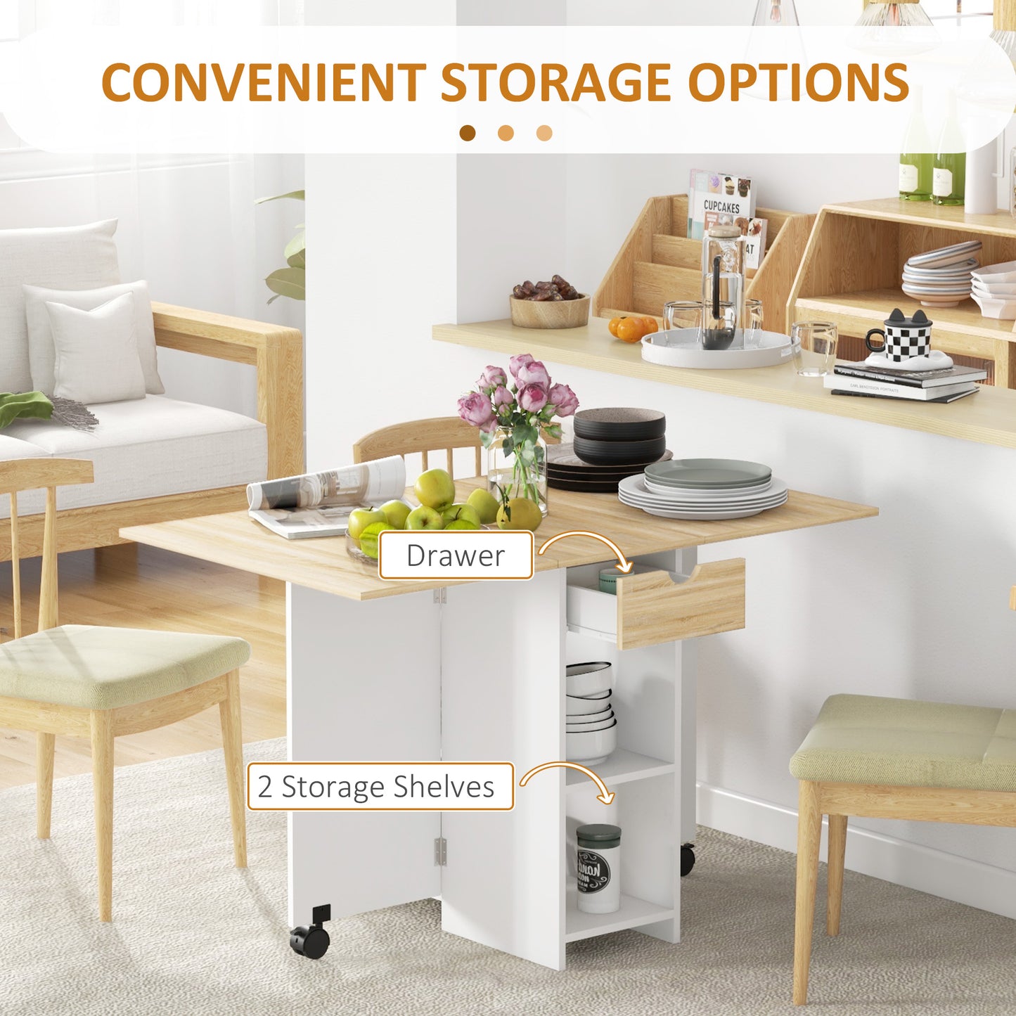 Folding Dining Table, Drop Leaf Table for Small Spaces, Foldable Table with Drawer and Storage Shelves for Kitchen