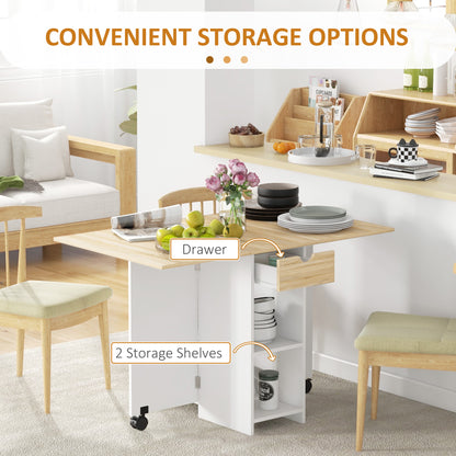 Folding Dining Table, Drop Leaf Table for Small Spaces, Foldable Table with Drawer and Storage Shelves for Kitchen