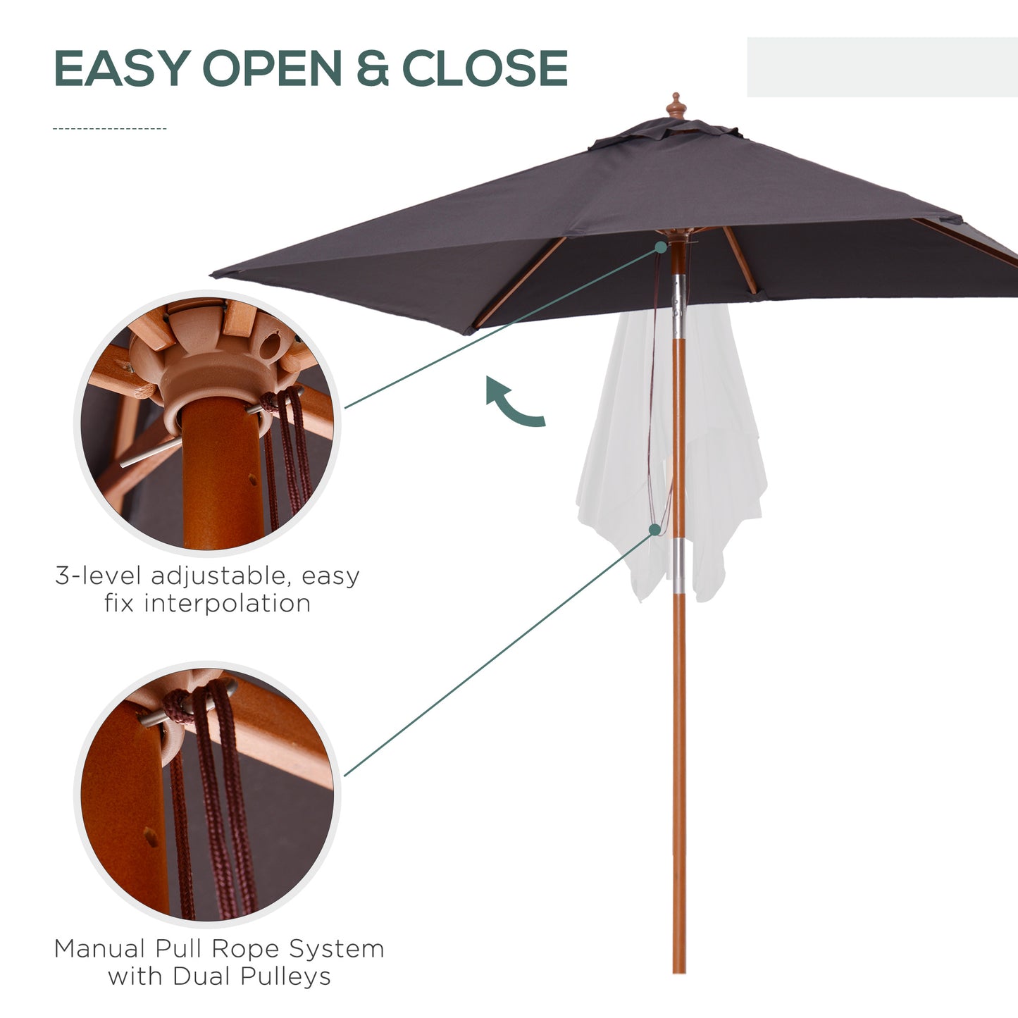 2m x 1.5m Garden Parasol Umbrella with Tilting Sunshade Canopy, Outdoor Market Table Umbrella with Wood and Bamboo Frame