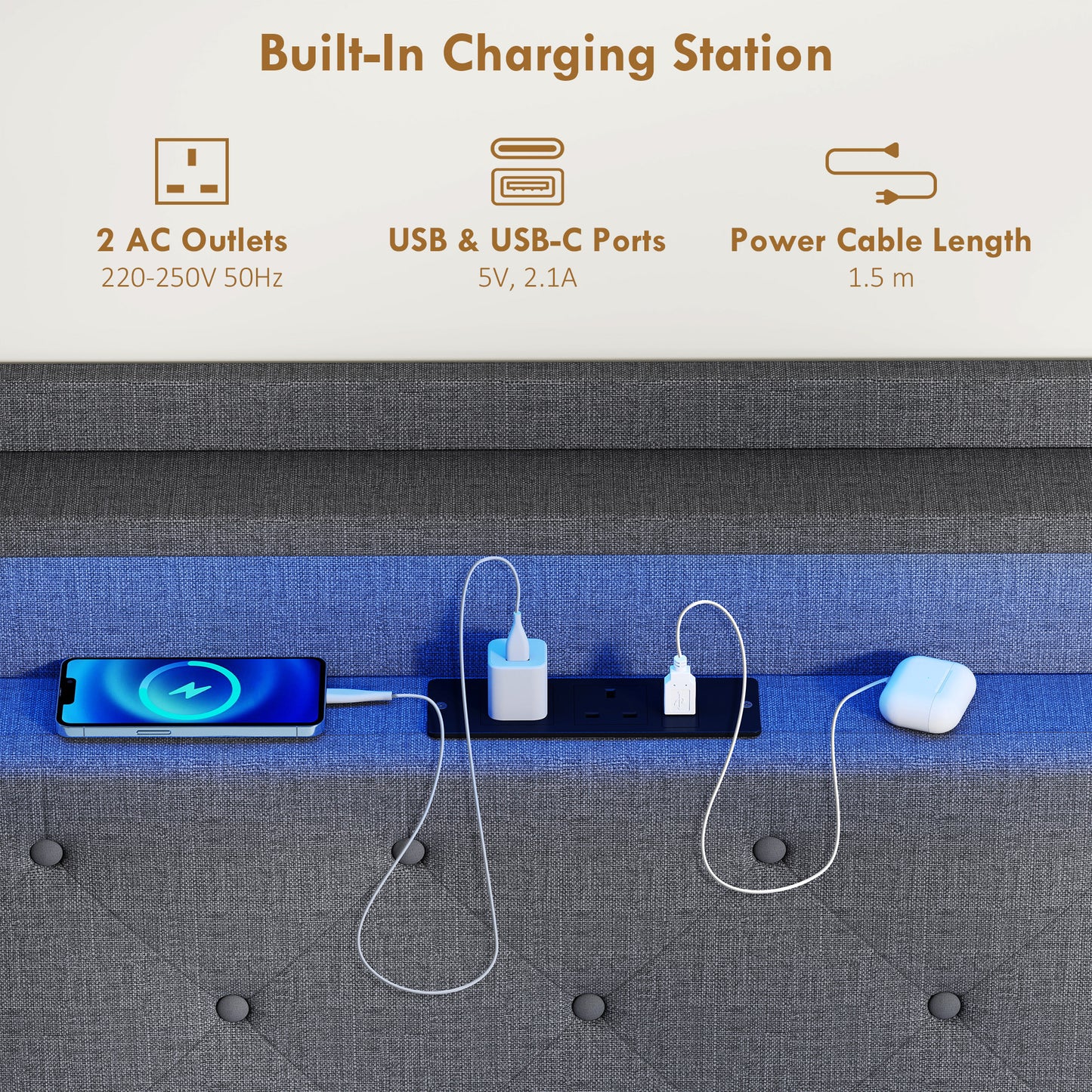 Floating Bed Frame, Upholstered 4ft6 Double Size Bed, Platform Bed with RGB LED Lights and Charging Station, Grey