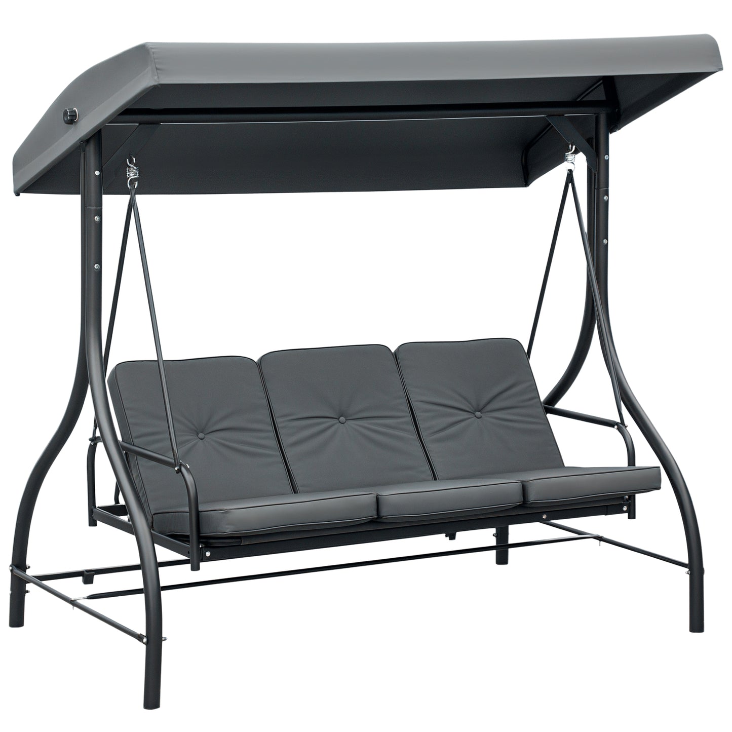 3 Seater Garden Swing Chair, 2 in 1 Convertible Patio Swing Seat Bed with Adjustable Canopy, Cushions and Metal Frame