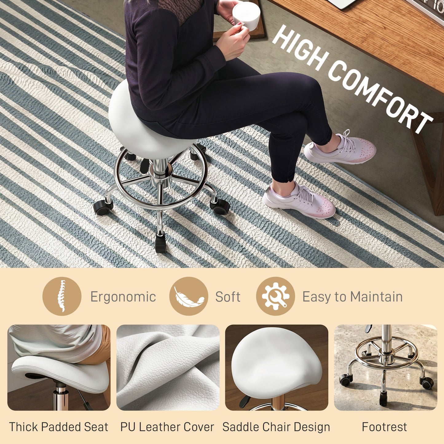 Salon Saddle Stool, Rolling Saddle Chair for Massage, Spa, Clinic, Beauty, Hairdressing and Tattoo, White