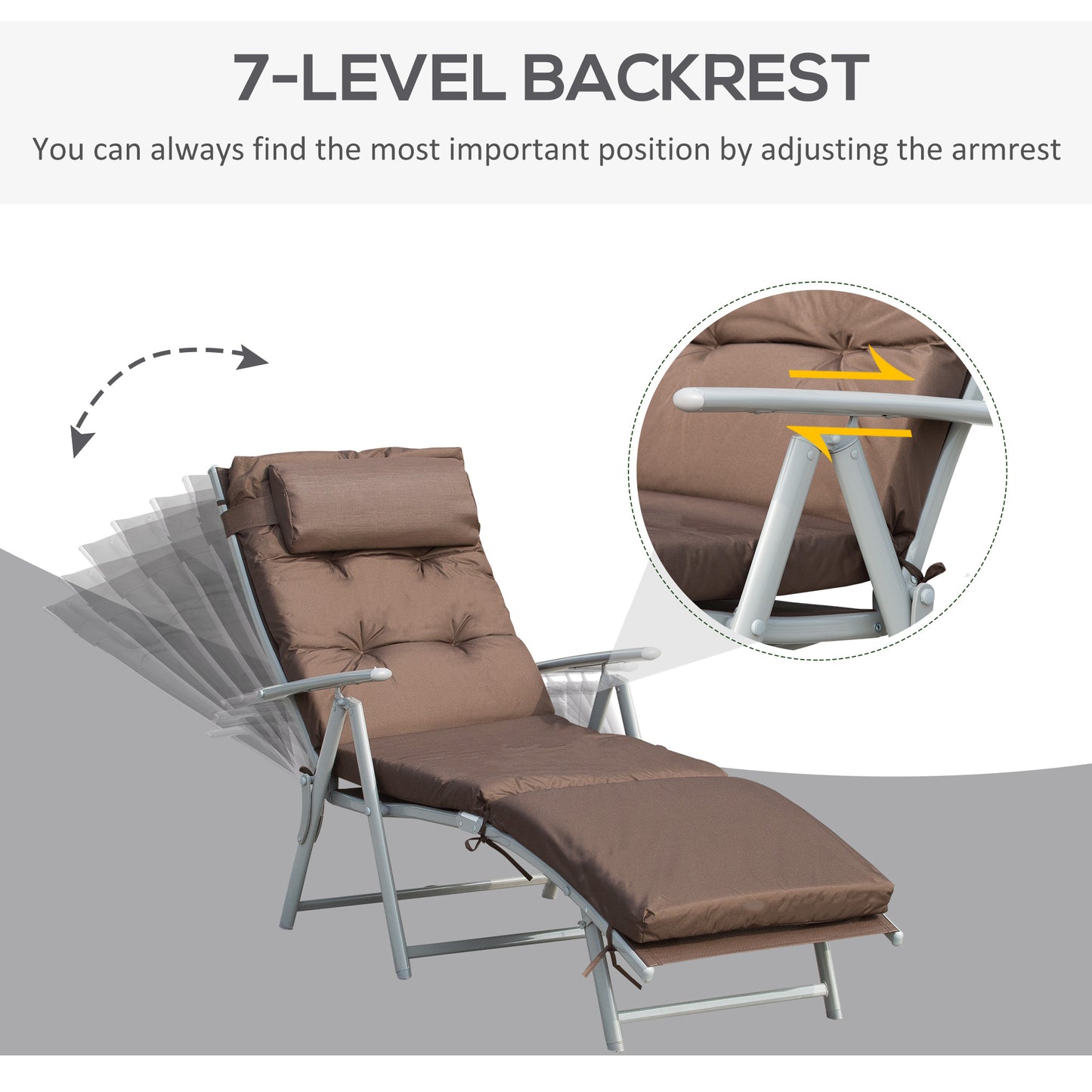 Sun Lounger Steel Frame Outdoor Folding Chaise Texteline Lounge Chair Recliner with Headrest & 7 Levels Adjustable Backrest