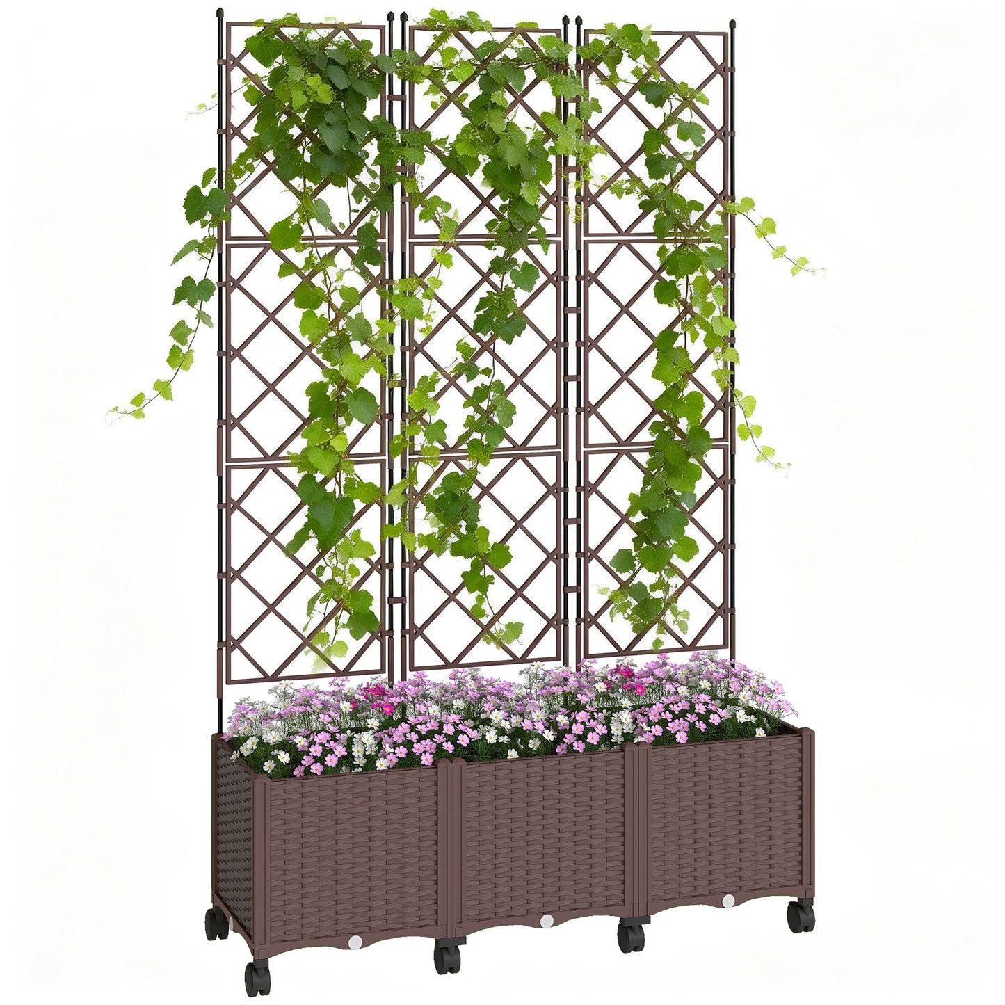 Plastic Raised Planter with Trellis, Self Watering Raised Bed for Garden with Wheels, Drainage Holes and Plugs