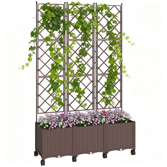Plastic Raised Planter with Trellis, Self Watering Raised Bed for Garden with Wheels, Drainage Holes and Plugs