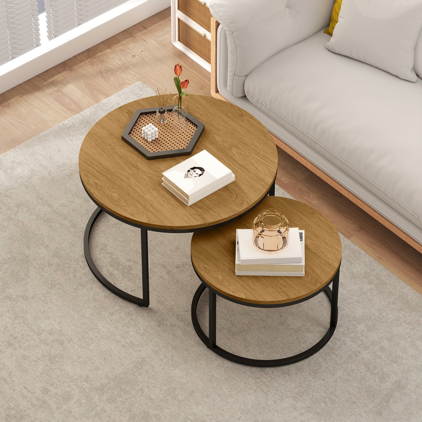 Set of Two Wood-Effect Stacking Tables - Brown