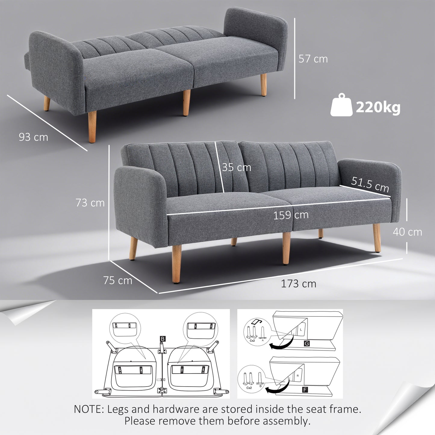 3 Seater Sofa Bed, Convertible Linen Fabric Sofa Couch, Click Clack Sofabed with Adjustable Split Backrest for Living Room
