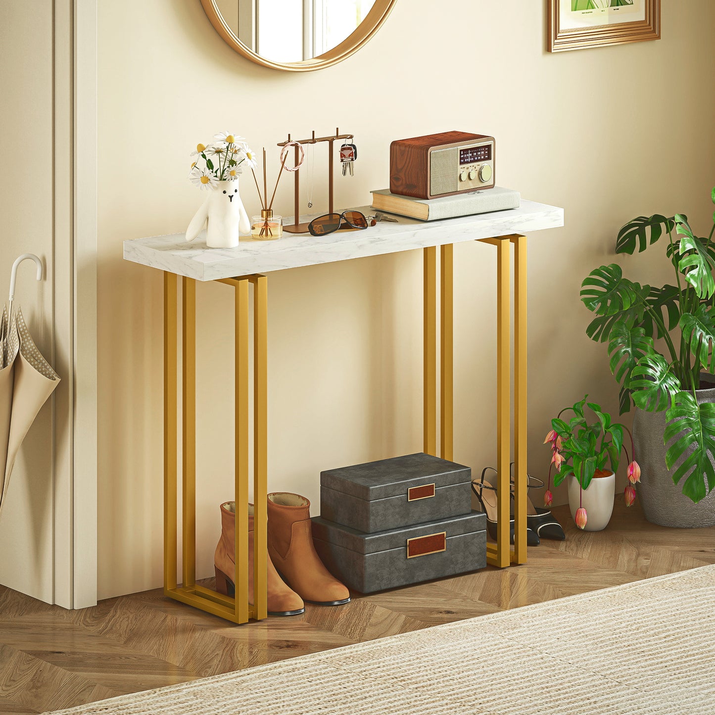 100 cm Console Table with Faux Marble Top, Narrow Entryway Table with Anti-tipping Device, White