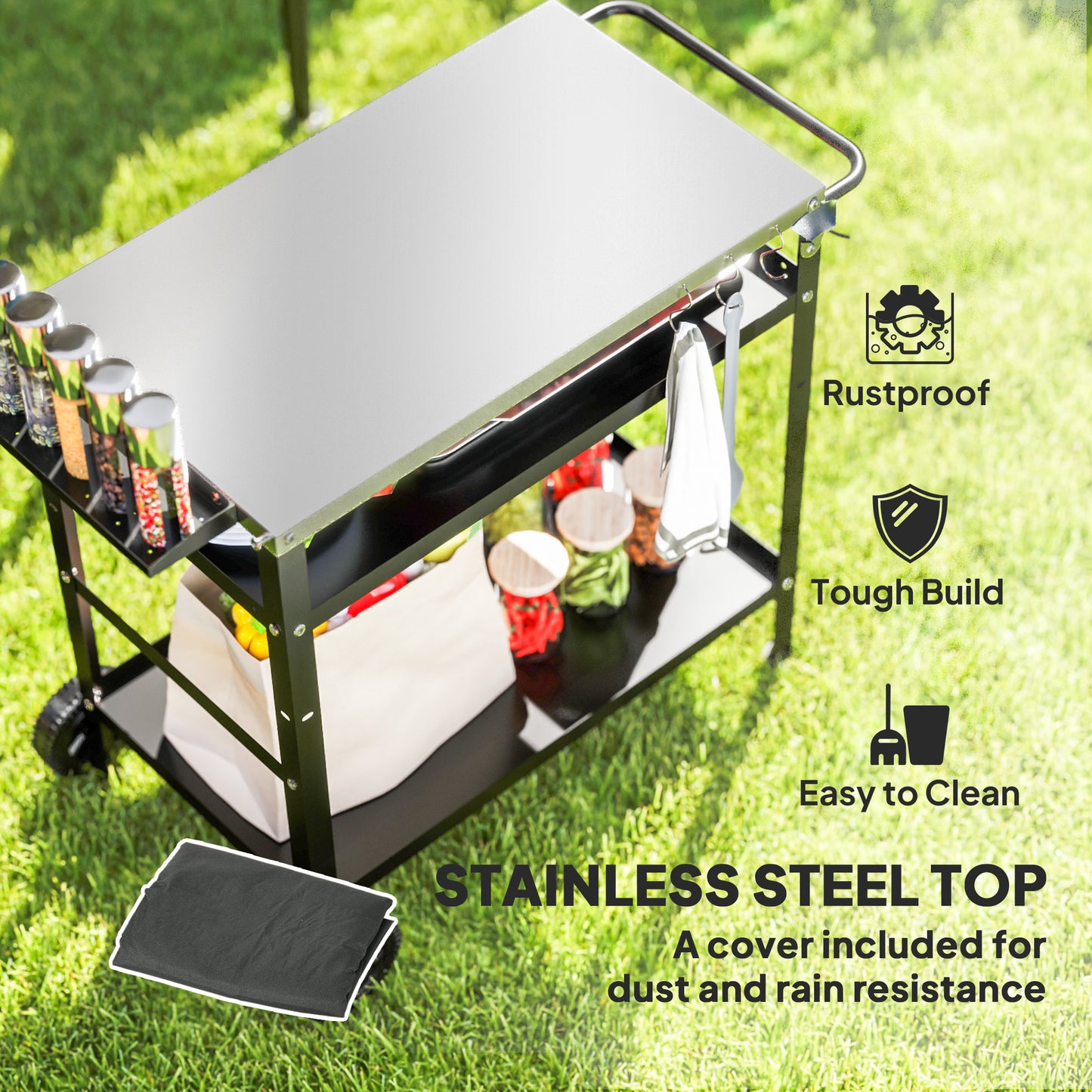 BBQ Trolley with Stainless Steel Top Adjustable Shelf, Outdoor Kitchen Barbecue Station with Hooks Seasoning Tray Towel Rack